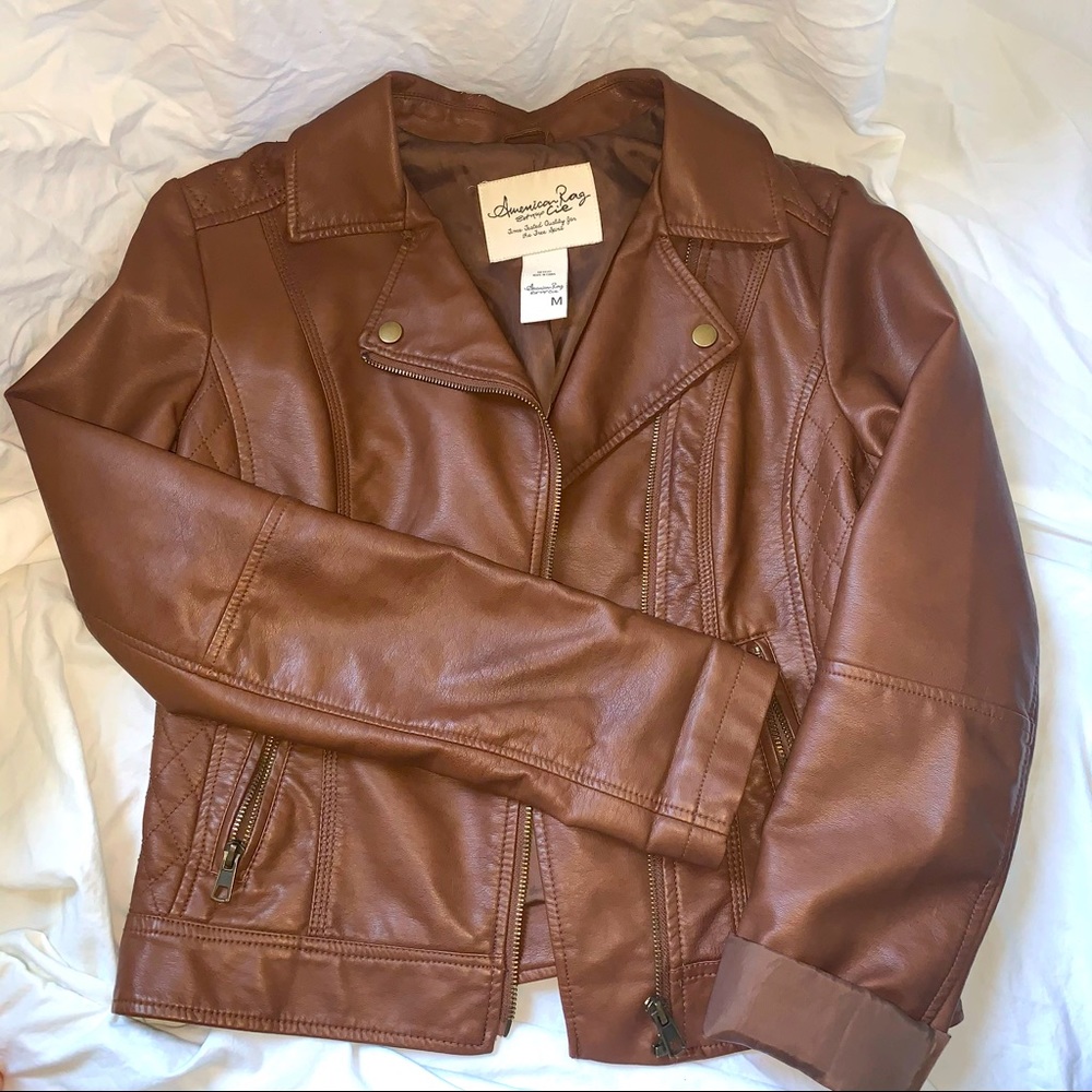 Brown faux leather moto jacket
